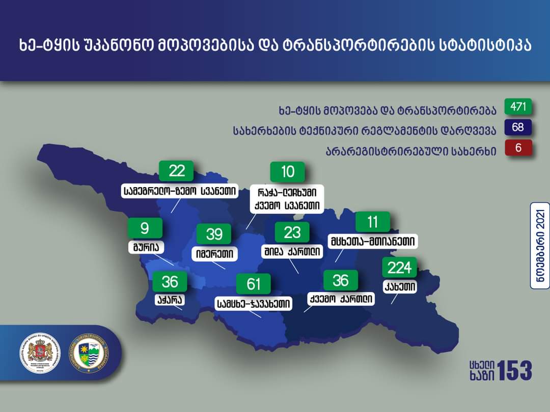 გარემოსდაცვითი ზედამხედველობის დეპარტამენტმა ბოლო ერთ თვეში იმერეთში ხე-ტყის უკანონო მოპოვებისა და ტრანსპორტირების 39 ფაქტი გამოავლინა